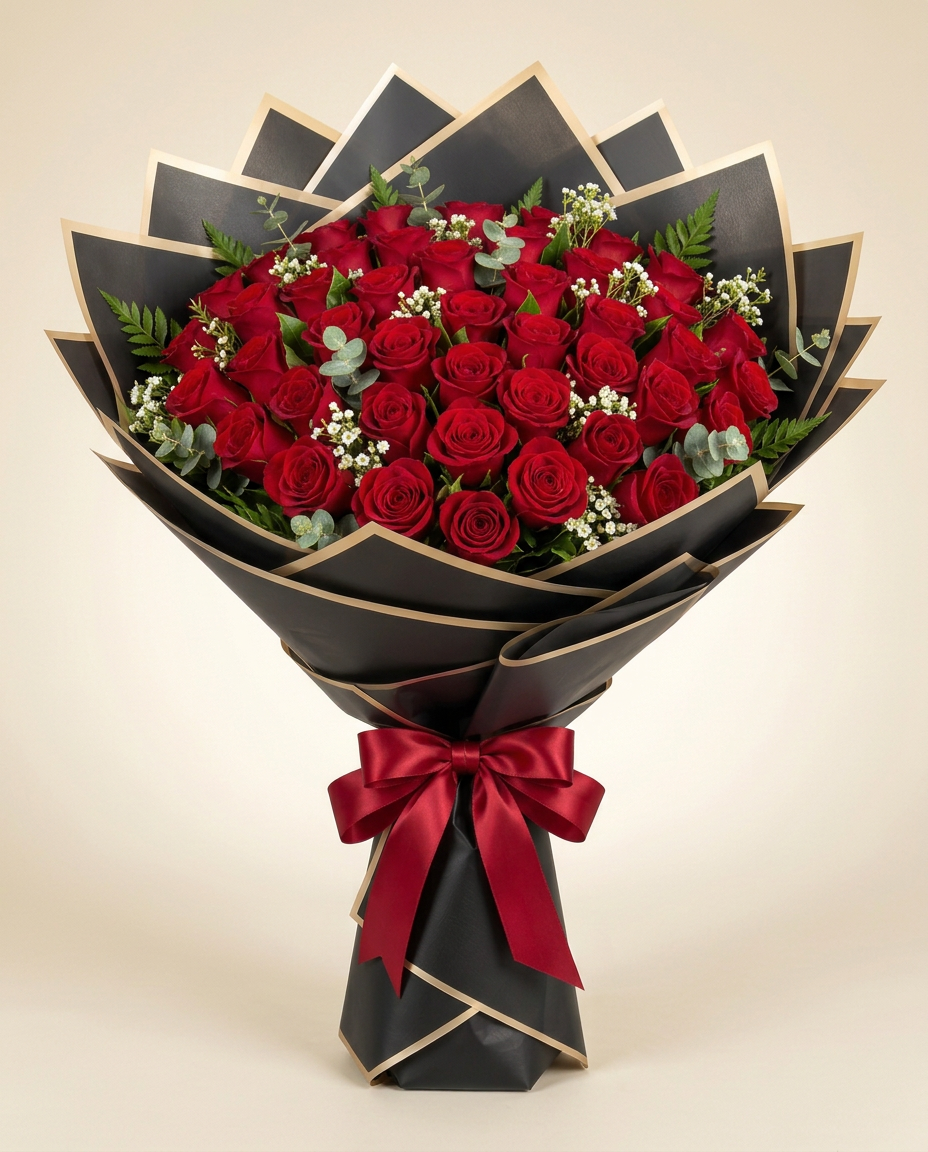WARDIA 50 red rose luxury bouquet in black and gold wrapping