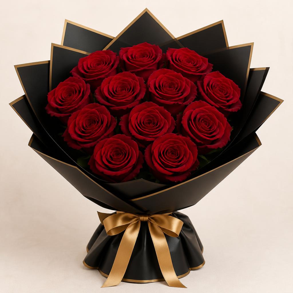 WARDIA red roses in structured Black and Gold wrapping